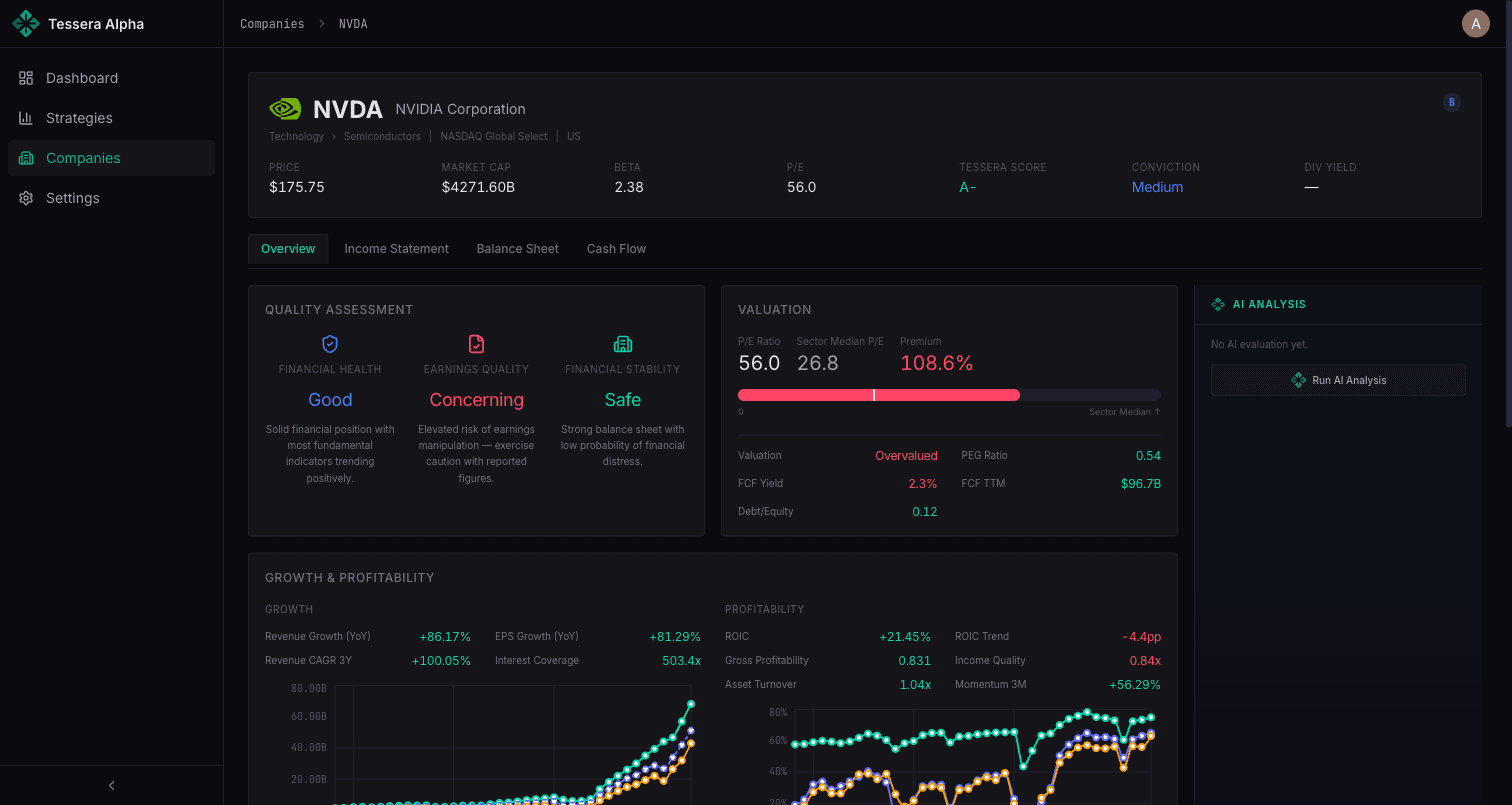 NVIDIA Corporation detail page with growth charts, profitability metrics, and financial analysis